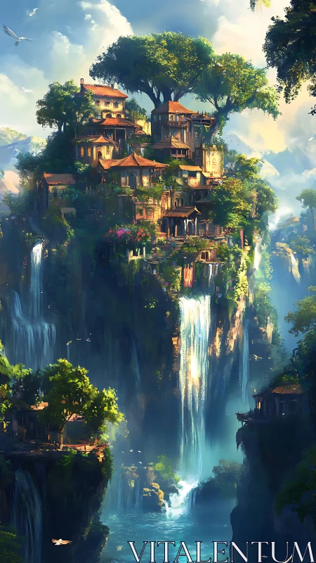 Clifftop waterfall city hums softly between clouds and jungle