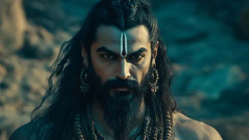 Mystic warrior sage with intense gaze and sacred calm.