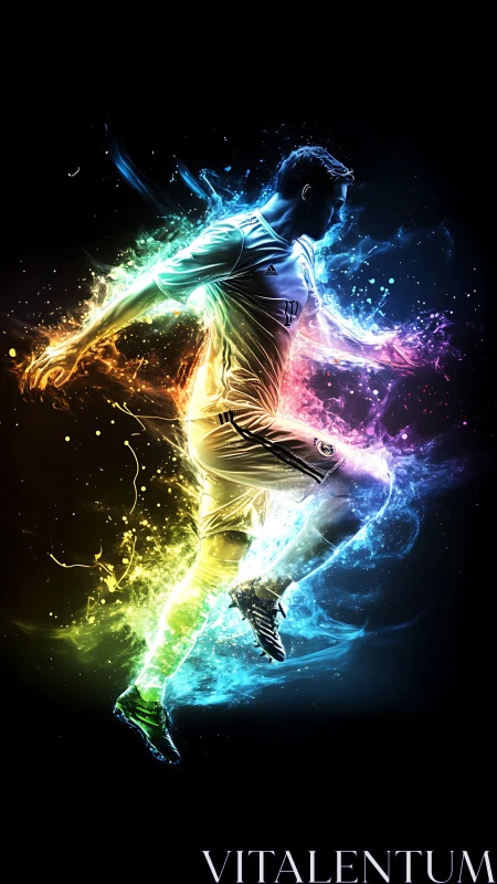Dynamic neon footballer rendered in high-impact digital motion