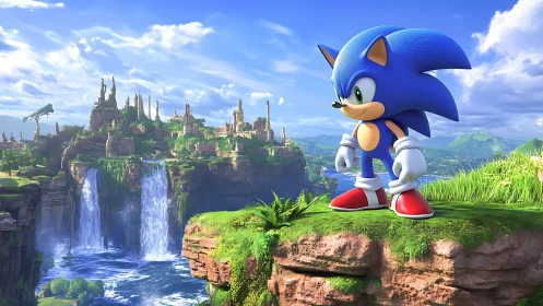 Blue cartoon hedgehog on cliff above waterfalls landscape.