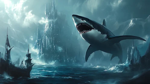 Giant shark moves above storm sea near gothic ice towers