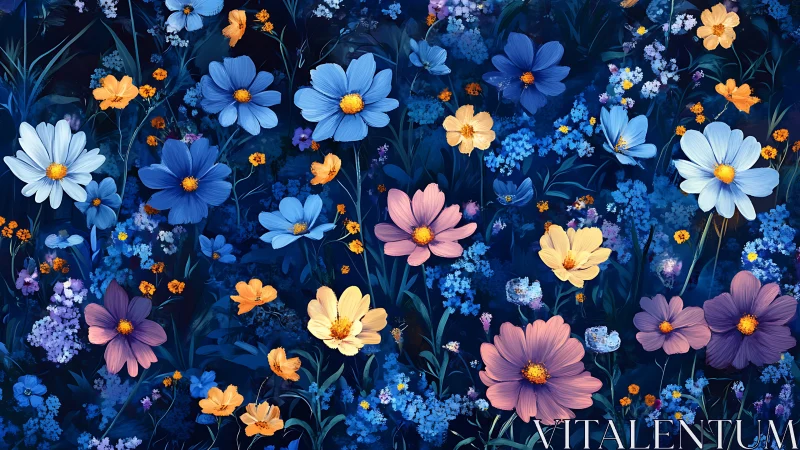 Floral arrangement with cosmos and daisy flowers on dark background