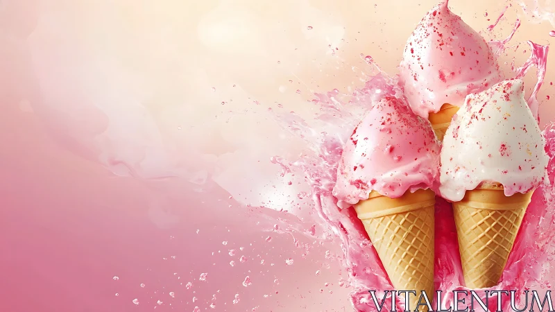 Strawberry cream ice cream cones splash in pastel pink