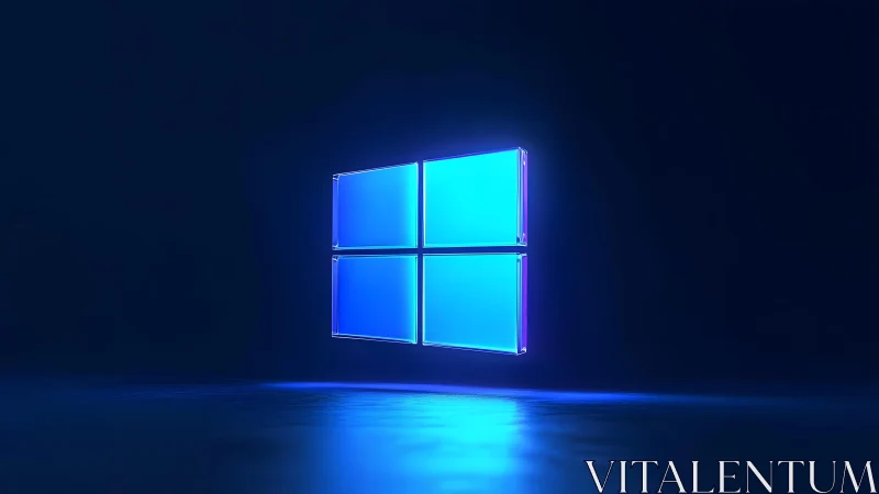 Windows logo glowing in futuristic 3D digital style on dark background.