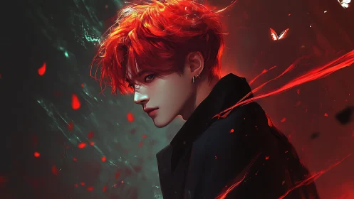 Chromatic flare portrait of red-haired youth in ember field.