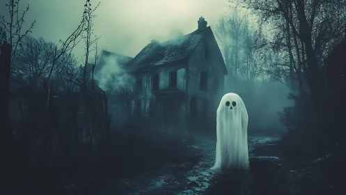 Ghost-like figure before dilapidated house in foggy woodland.
