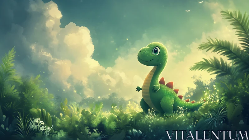 Cartoon dinosaur stands in lush, sunlit forest clearing