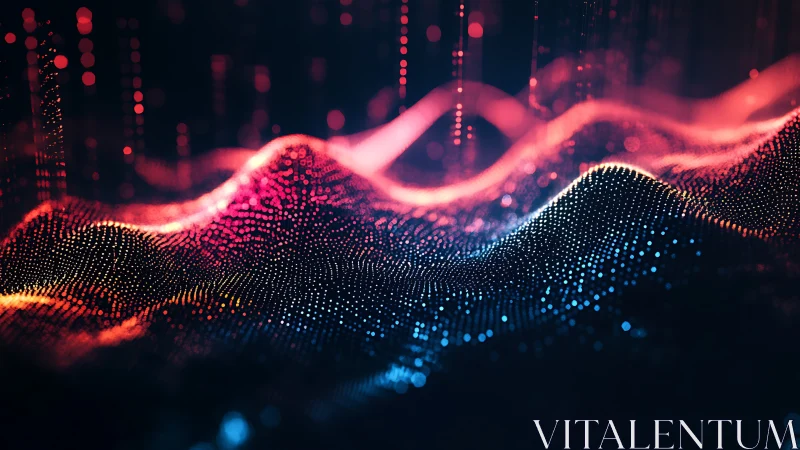 Neon particle waves form glowing abstract digital landscape.