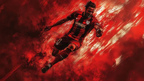 Explosive red soccer charge amid abstract motion streaks.