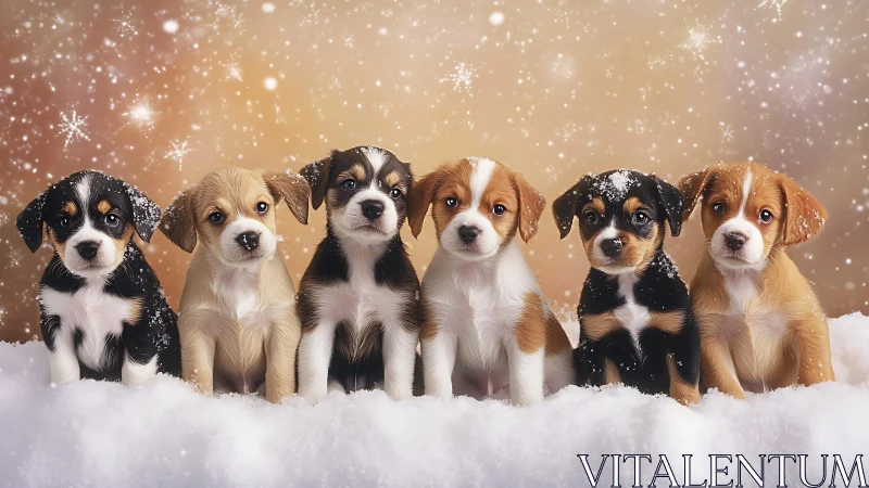 Snowflake chorus of winter puppies poses in shimmering light