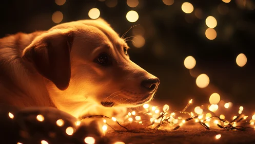 Golden dog portrait illuminated by warm festive bokeh lights