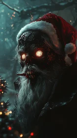 Demonic cybernetic Santa stalks snowy forest at night