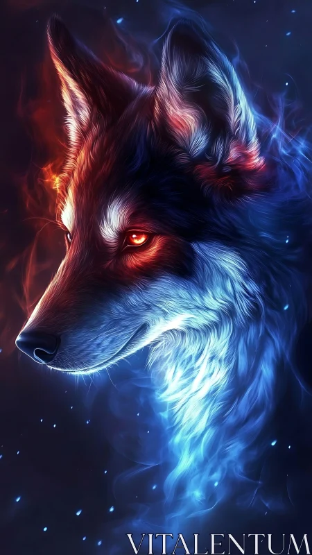 Luminous spirit wolf wrapped in smoky fire and ice glow.