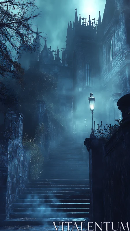 Foggy stone staircase leading to looming gothic castle.