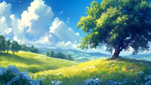 Digital landscape depicts solitary tree on flowered hillside