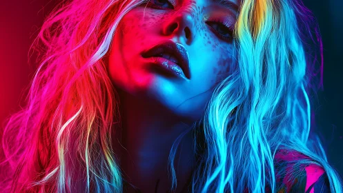 Chromatic neon portrait under high-contrast triadic lighting matrix.
