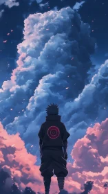 Backlit shinobi silhouette under volumetric stratocumulus sky.