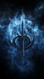 Vertical blue sigil with central spear-like form is displayed