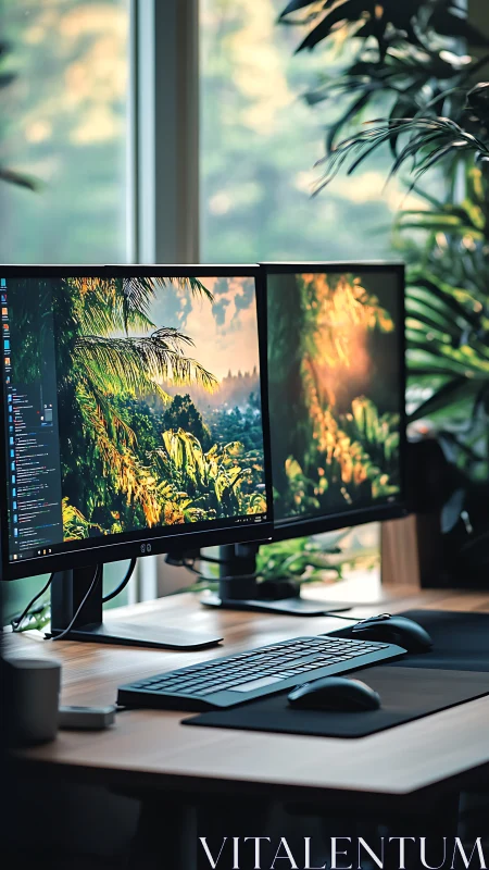 Dual-monitor workstation with lush nature desktop visuals.