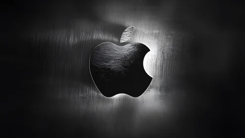 Metallic Apple Logo Against Textured Dark Background.