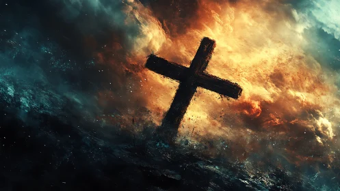 Wooden cross in turbulent abstract sea and fire scene.
