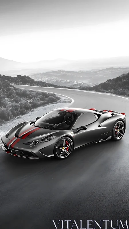 Aerodynamic graphite supercar on desaturated alpine switchback.