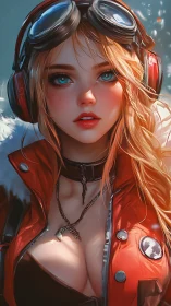Aviator girl portrait with red jacket and steampunk headset