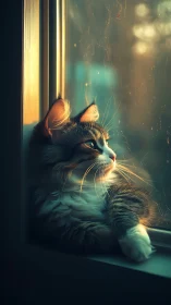 Feline Contemplation Through Golden Window Light.