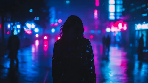 Silhouette in neon lit rainy city street at night scene.