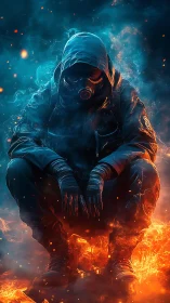 Hooded gas-mask sentinel in dual-tone inferno composition.