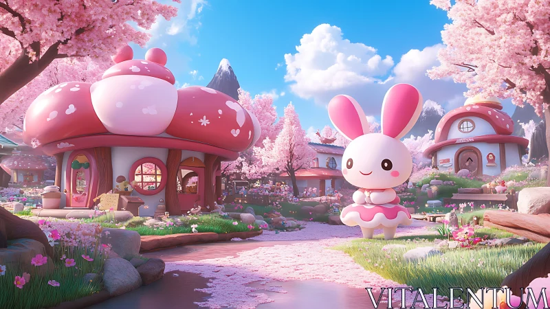 Cartoon rabbit village with mushroom houses in spring.