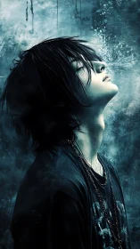 Storm-drowned dreamer exhales light in a frozen midnight tide.