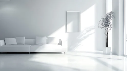 Minimalist white living room shows sofa, frame, and plant