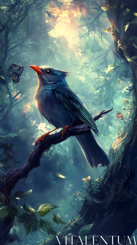 Luminous songbird poised in enchanted teal forest light.