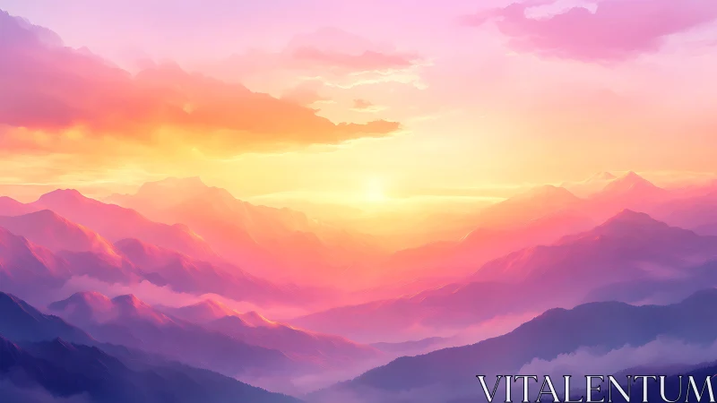 Radiant pastel sunrise over layered misty mountainscape.