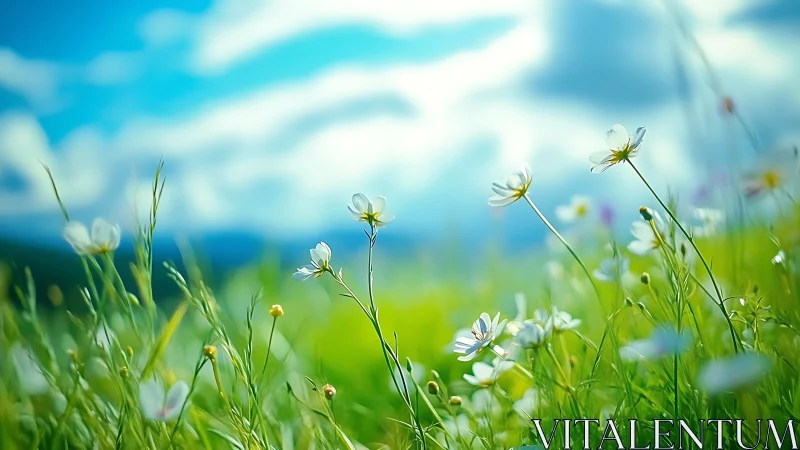 Delicate white wildflowers sway gently beneath a bright sky.