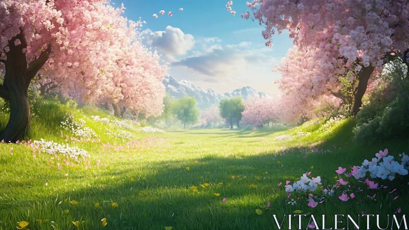 Sunlit cherry blossom valley frames distant snow peaks