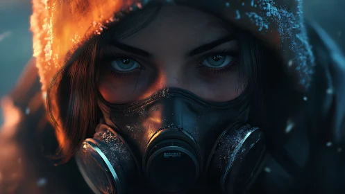 Hooded survivor stares through frost and firelit mask.