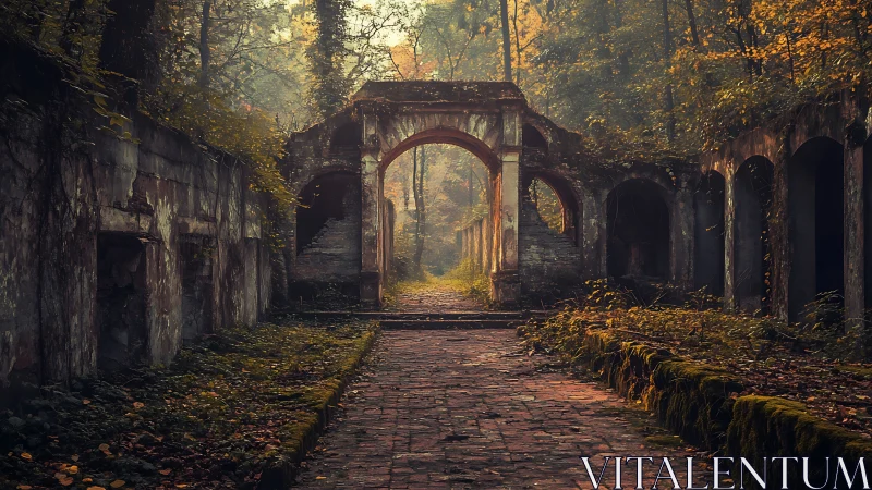 Autumn light haunting an ivy-clad ruined forest arcade.