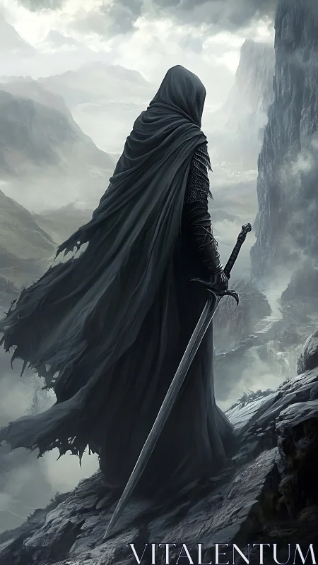 Lone cloaked wanderer watching over a misty mountain pass.