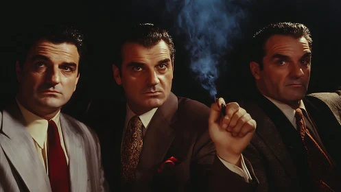 Three intense men in suits share a smoky, suspenseful moment