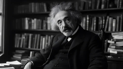 Photorealistic monochrome scholar portrait in library interior.