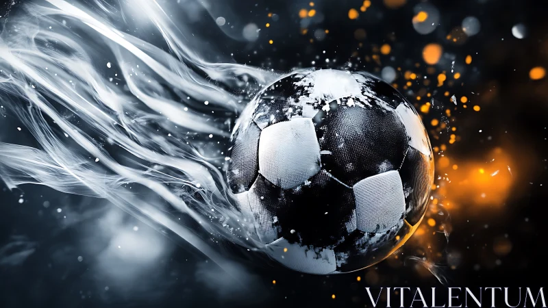 Exploding soccer ball streaks through smoke and sparks in motion