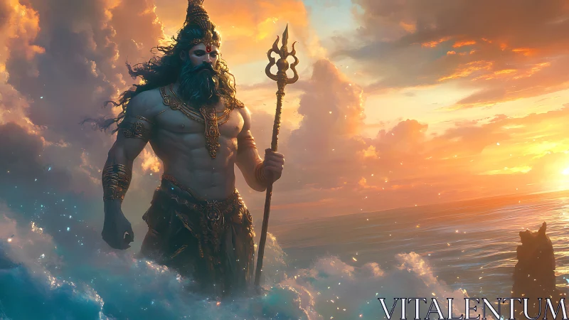 Ocean god strides through glowing waves at a blazing sunset