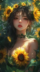 Sunflower crowned forest muse bathed in golden morning hush.