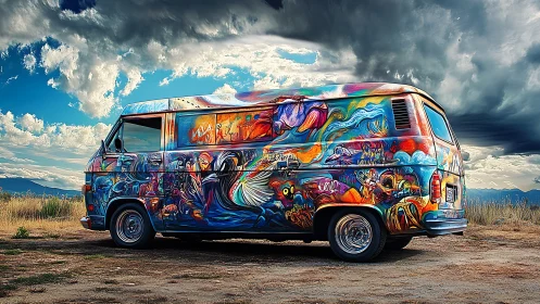 Psychedelically airbrushed van under turbulent stratocumulus sky.