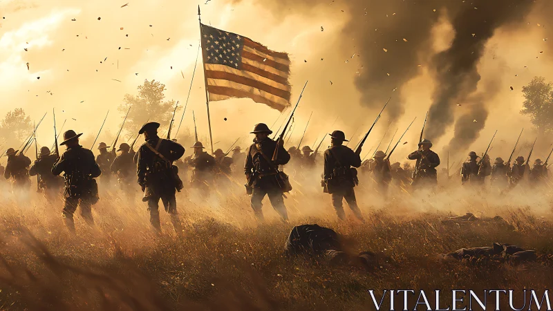 American infantry advances through smoky battlefield at dusk.