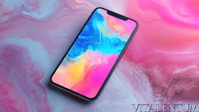 Modern smartphone on vibrant abstract pink and blue background.