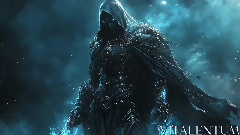 Hooded wraith warrior channels blue spectral flame power.