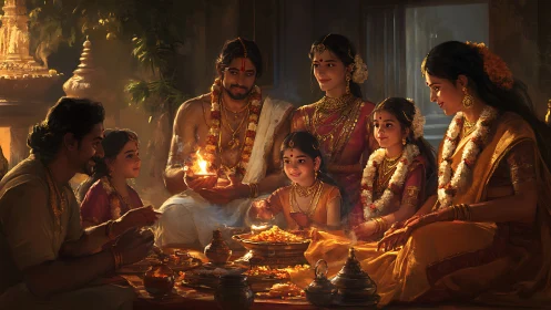 Extended family performing Hindu ritual with fire offering.